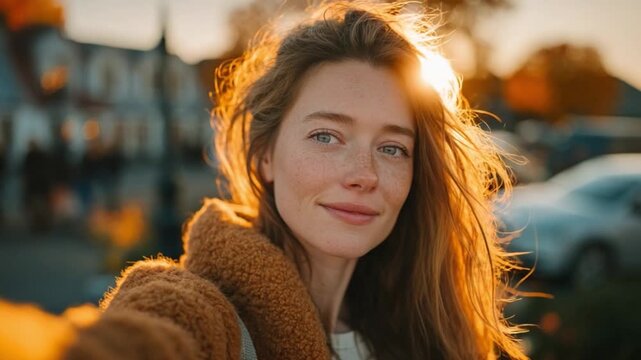 Radiant Daydreamer at Dusk: Captured in the soft light of sunset, a woman beams, her eyes reflecting contentment as the world around her softens into a warm embrace.