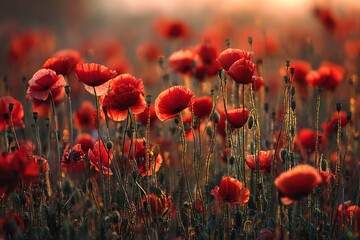 Obraz premium golden hour sunlight illuminating a field of blooming poppies