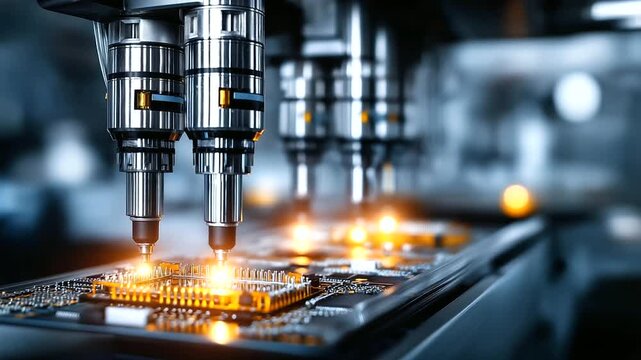 Advanced precision robotic arms assembling microelectronics on high-tech production line, futuristic automation industrial robotics, cutting-edge manufacturing technology,