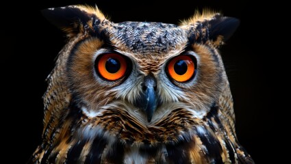Fototapeta premium Closeup of an owl with bright orange eyes looking straight ahead