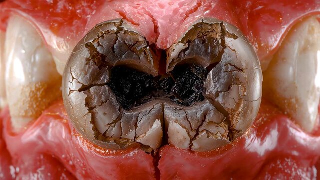 Severely decayed human molar tooth with dark cavity and enamel erosion showing advanced dental caries and oral health damage