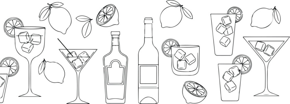 Hand drawn sketch style citrus and wine set. Vector elegant doodle line illustration of lemons, alcohol, limoncello cocktail glass and lemon slice