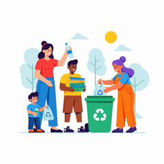 Family Recycling Together Green Bin.