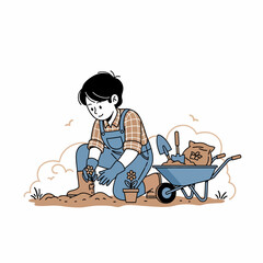Boy Planting Seeds in Garden Soil.