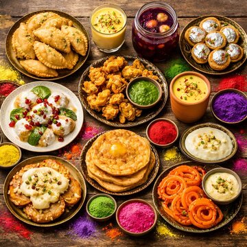 Indian Holi Festival Food Spread Featuring Gujiya, Thandai, Dahi Bhalla, Malpua with Rabri, Puran Poli, Kanji Vada, Chandrakala Sweet, Kesar Pista Lassi, Crispy Pakoras and Jalebi with Gulal Powder