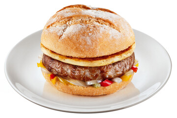 Hambúrguer de carne bovina com queijo provolone e molho de pimentões isolado em fundo transparente