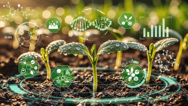 Growing seedlings in enriched soil with data overlay. Young plants thrive under sunlight in garden. Innovative farming technology enhances agriculture efficiency and sustainability.