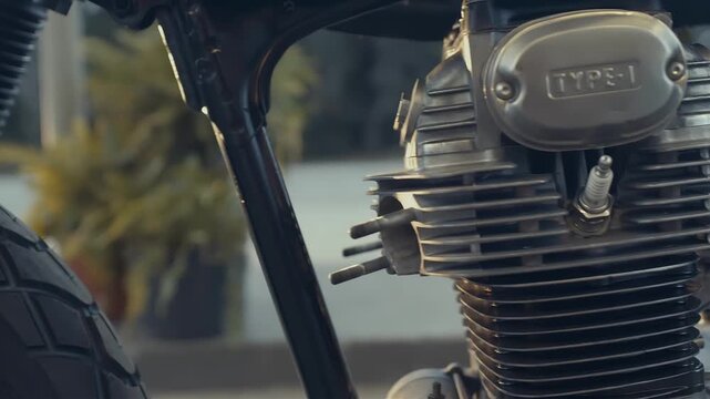 Close-up of a vintage motorcycle engine with a spark plug and fins
