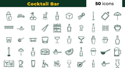 Cocktail bar icon set featuring 50 essential symbols and objects