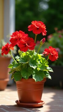 Vibrant red geraniums in terracotta pot, sunny patio, geranium, balcony, vibrant