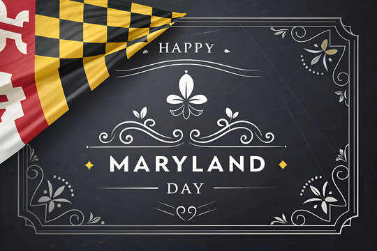 Happy Maryland Day Celebration With Waving Maryland Flag And Ornate Greeting Design

