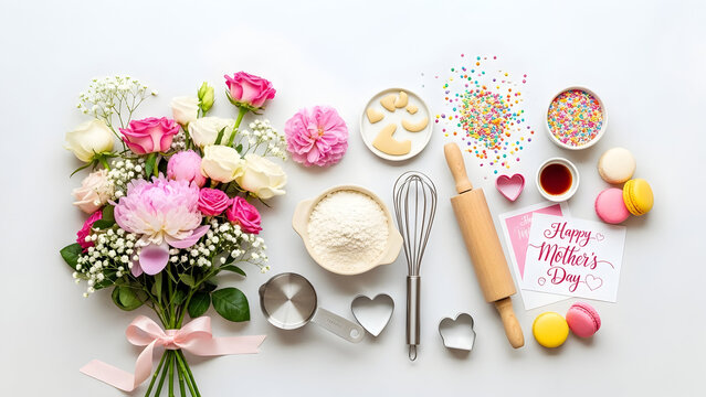 Happy mother's day celebration with baking essentials and beautiful flowers