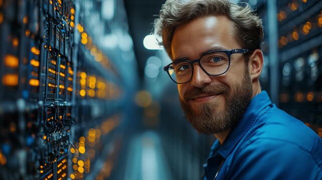 Tech Professional's Portrait: An IT expert radiates confidence, framed by a data center's intricate systems. It's a snapshot of innovation, expertise, and a future powered by information.