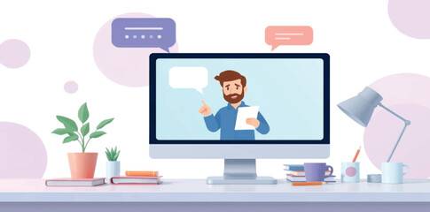 Online Education and E-learning Concept Illustration with Teacher on Computer Screen for Remote Study and Web Courses