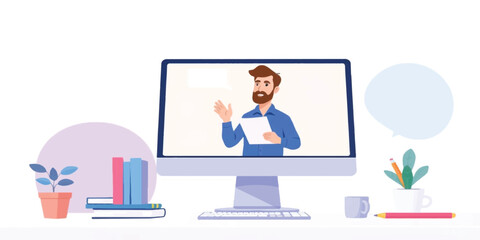 Online Education and E-learning Concept Illustration with Teacher on Computer Screen for Remote Study and Web Courses