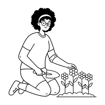 Hand drawn illustration of a woman planting flowers in a garden with a shovel