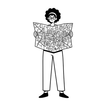 Traveler looking at a city map, feeling lost and trying to navigate, hand drawn illustration