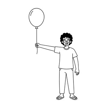 Hand drawn doodle illustration of a smiling young man with curly hair holding a balloon