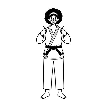Hand drawn illustration of a smiling black belt martial artist giving thumbs up.