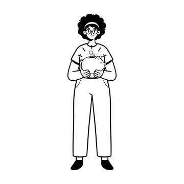 Hand drawn illustration of a smiling person holding a piggy bank, savings concept.