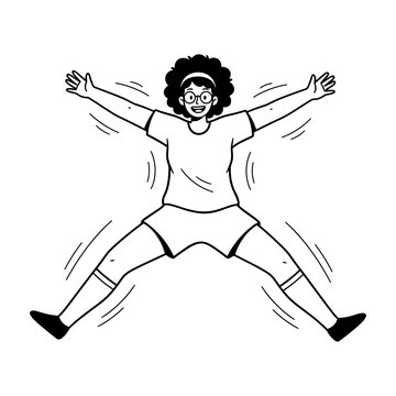 Hand drawn illustration of a happy person doing jumping jacks workout doodle vector