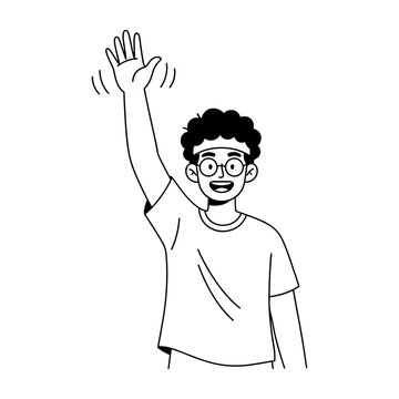 Hand drawn illustration of a smiling young person with glasses waving hello.