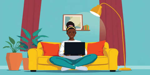 African American Woman Working on Laptop on Yellow Sofa, Cozy Home Office Remote Work Concept Flat Vector Illustration