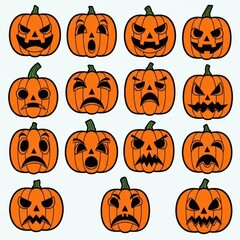 Collection of Halloween Jack-o'-Lanterns with Diverse Facial Expressions. Spooky, Funny, and Scary Carved Pumpkin Faces for Festive Decor.