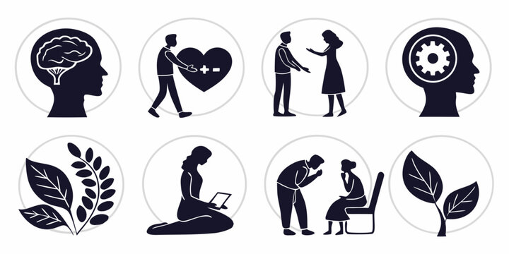 Icons representing various aspects of mental health and well-being. Vector