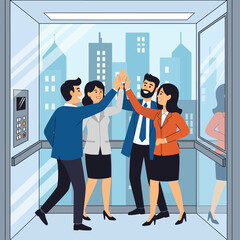 Business Colleagues Celebrating Success in Elevator.