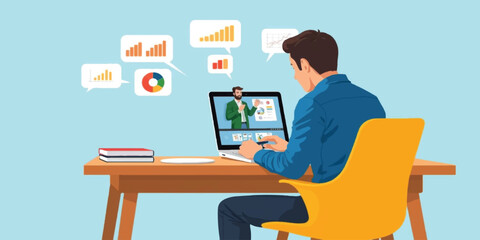 Man Watching Online Data Science Course and Analyzing Business Growth Charts on Laptop from Home Office Desk Illustration