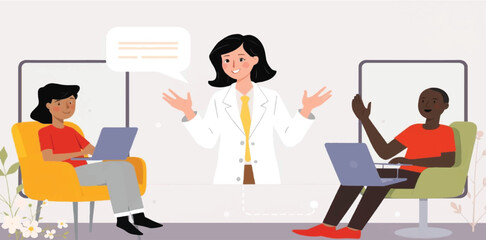 Online Medical Consultation and Virtual Healthcare Support Illustration with Female Doctor and Patients Using Laptops