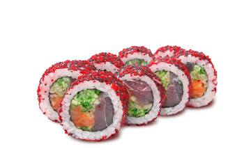 Sushi roll with tuna salmon and cucumber covered with red tobiko isolated on white background Japanese seafood cuisine concept © Александр Гаврилычев