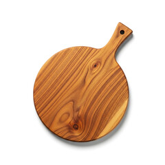 Round wooden cutting board with handle isolated on white background top view