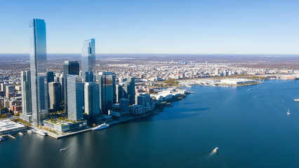 Modern cityscape with sleek skyscrapers by waterfront