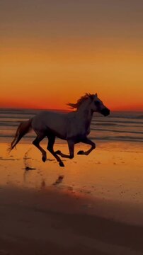 White horse galloping on a sandy beach at sunset with dramatic orange sky