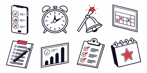 Assorted icons representing time management and productivity tools Vector