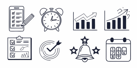Icons representing productivity, achievement, and time management concepts Vector