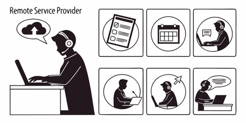 Illustration depicting various remote work activities and tools Vector