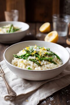 Asparagus risotto with lemon zest and shaved parmesan in white bowl on linen tablecloth. Elegant spring dish with creamy texture and subtle flavors.