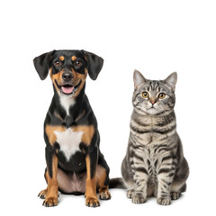 Cute dog and cat sitting together side by side isolated on white background