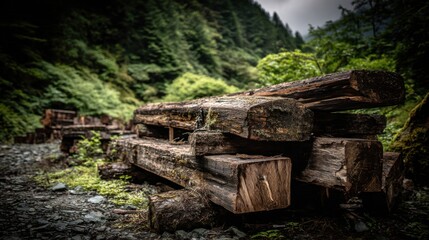 Naklejka premium Rough-cut lumber stacked in a natural forest setting, essential for construction projects