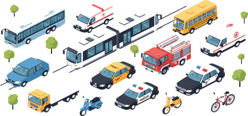 City Transport and Emergency Vehicle Isometric Set with Bus, Tram, Taxi, Police Car, Fire Truck, Bicycle and Delivery Vehicles for Urban Traffic Design © AB