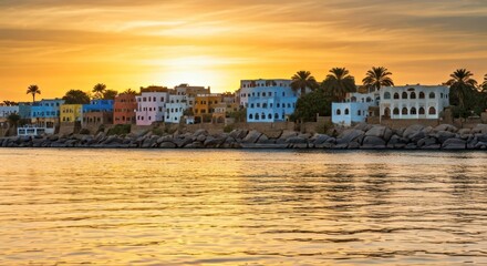 Obraz premium Colorful buildings line the shore at sunset, reflecting on the calm water