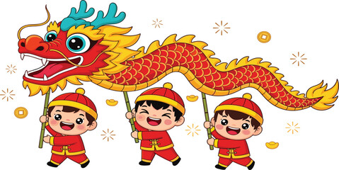 Naklejka premium Chinese New Year Dragon Dance Cartoon with Kids Holding Traditional Dragon Costume and Gold Coins for Lunar Festival Celebration Vector Illustration