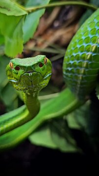 Close-up of a vibrant green pit viper snake in a lush tropical jungle environment