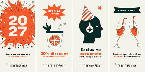 Naklejka premium 2027 New Year Event Promo Set – Modern Illustrated Posters with Cocktails, Party Characters, Corporate Packages, and Festive Offers for Seasonal Marketing