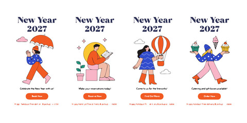 Fototapeta premium 2027 New Year Motivational Card Set – Colorful Illustrated Posters with Positive Messages, Cheerful Characters, and Festive Graphics for Seasonal Marketing and Event Promotion