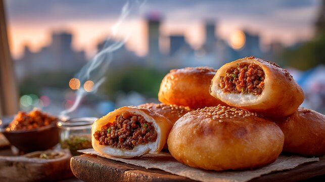 Golden South African vetkoek stuffed with savory mince filling on rustic wooden board outdoor breakfast spread