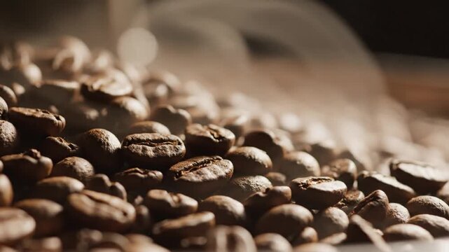 Close-up of roasted coffee beans with steam rising, aromatic and delicious, perfect for morning rituals